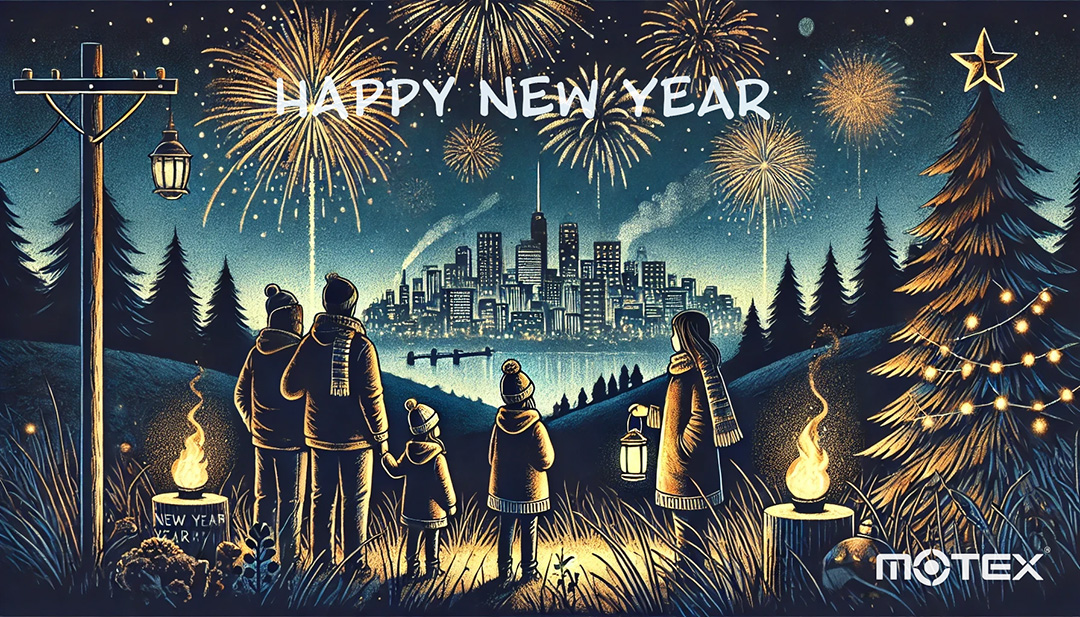 The city skyline at night is illuminated by dazzling fireworks. People on the ground gaze up at the display, welcoming the New Year with family and friends in a warm and peaceful atmosphere.