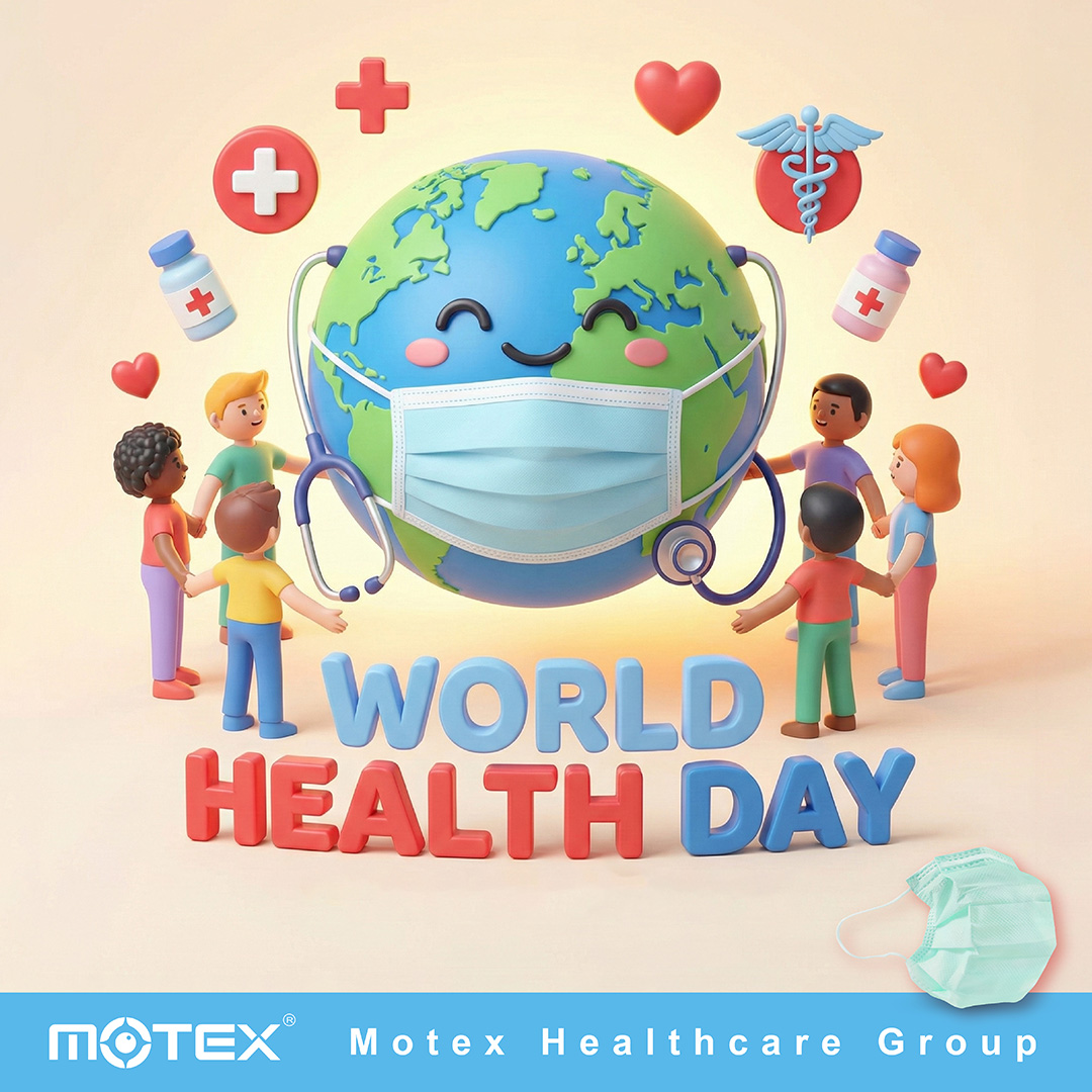 A smiling Earth wearing a mask and stethoscope is surrounded by children holding hands, with medical icons symbolizing global health and World Health Day.