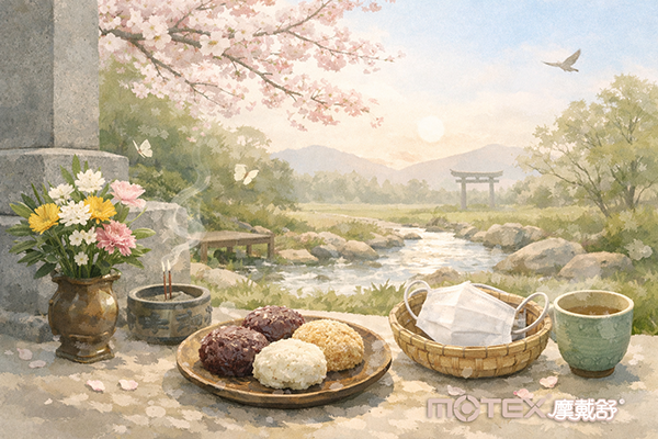 春の桜と川辺の風景の中、ぼたもちやお茶、マスクが静かに並ぶ穏やかな春分の情景。